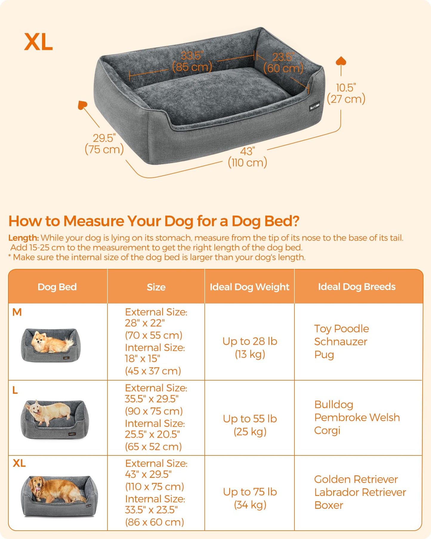Feandrea Dog Bed, Linen-Look Pet Bed, Dog Sofa Bed with Raised Edges, Non-Slip Bottom, Removable Washable Cover, XL, for Large Dogs, 110 x 75 x 27 cm, Light Grey PGW12GG