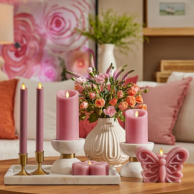 Luminara Flameless Candle Taper (1" x 9.5") Melted Top Real Wax Unscented Remote Ready Timer (Blooming Mauve)