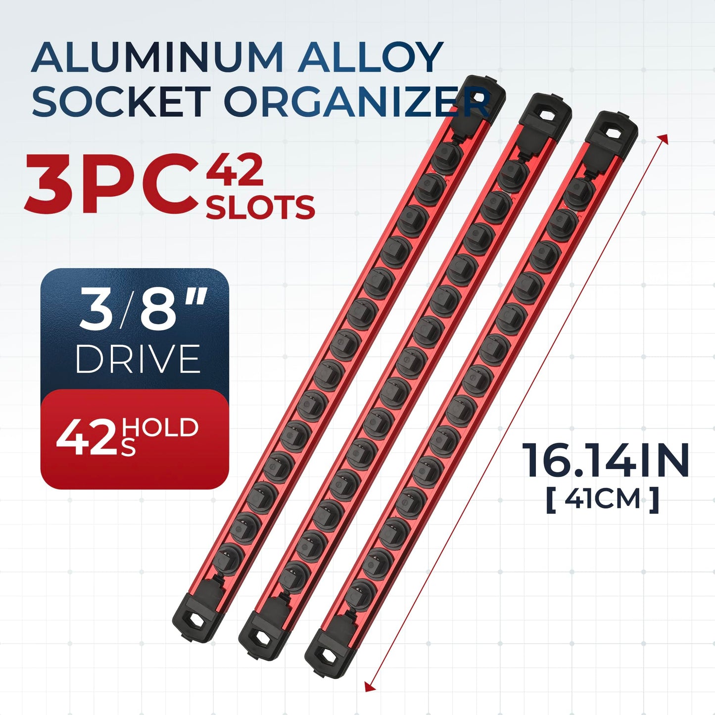 Reniteco Magnetic Socket Organizer Set, 3PC 3/8-Inch Drive Aluminum Alloy Socket Rail, Heavy Duty Magnetic Socket Holder for Tool Box Drawer, 360° Swivel Socket Rack, 3/8" x 42 Clips, Red