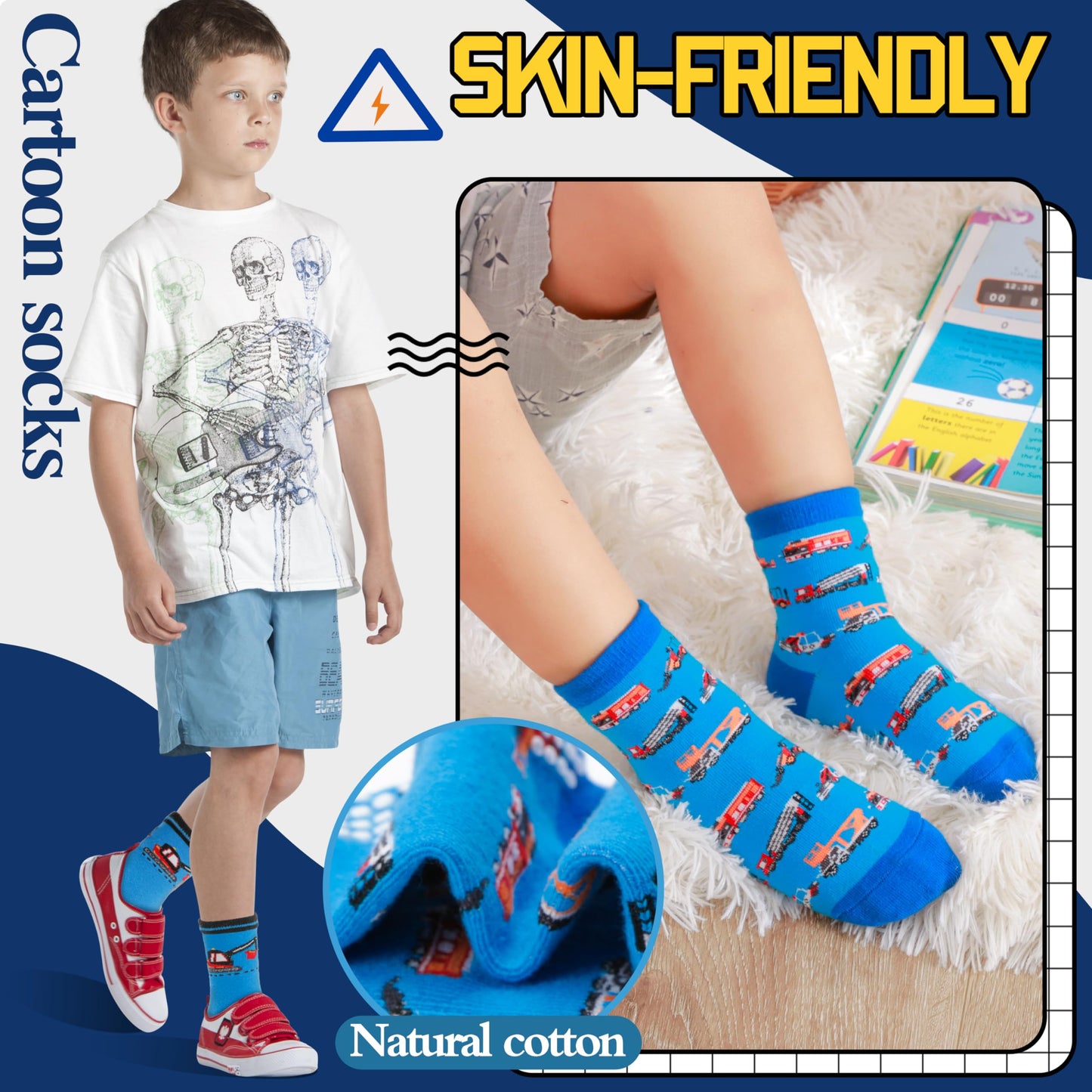 Welwoos Baby Boys Toddlers Grips Socks Non Slip Anti Skid Funny Cartoon Cosy Crew Cotton Gifts Socks 12 Pairs Stocking Fillers(Mix Blue Styles,3-5 T)