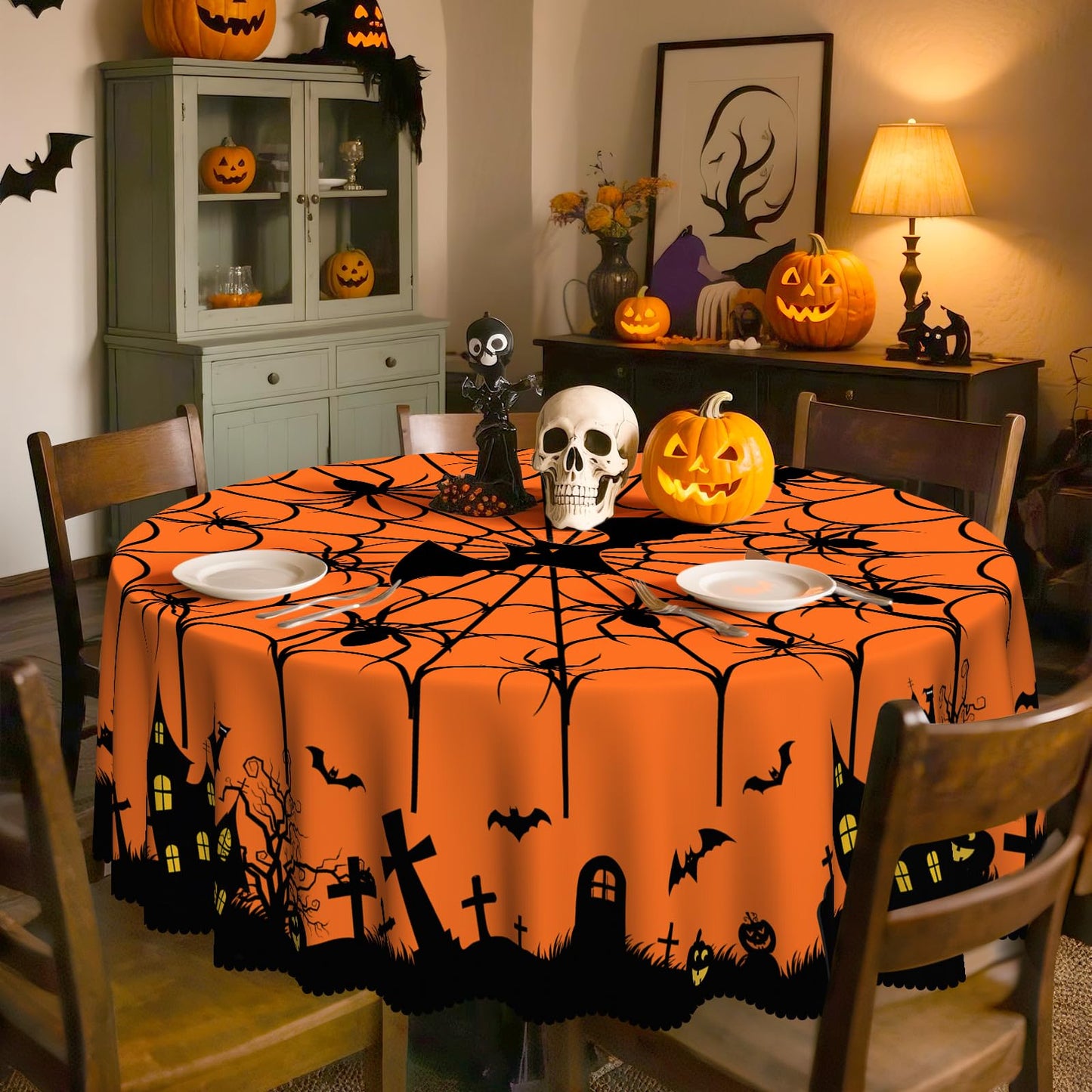 Eikione Round Halloween 60In Tablecloth, Haunted House Decorative Table Cloth, Waterproof and Washable Fabric Table Cover for Party Kitchen Dining Room