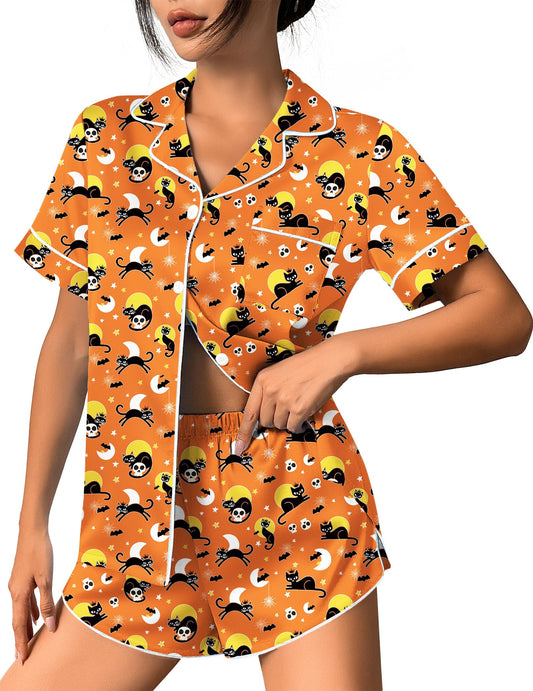 Ekouaer Womens Silk Satin Pajama Set Print Short Sleeve Sleepwear Button Down Pjs Shorts Set Loungewear Halloween Kitty L