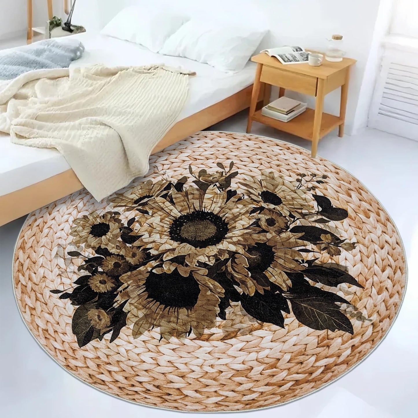 Lacomfy Boho Floral Rug 4Ft Round Sunflowers Carpet Mat for Girls Bedroom Farmhouse Living Room Dining Room, Circle, Dark Flowers, Rattan Pattern Printed, Retro, Washable, Indoor (Not Natural)