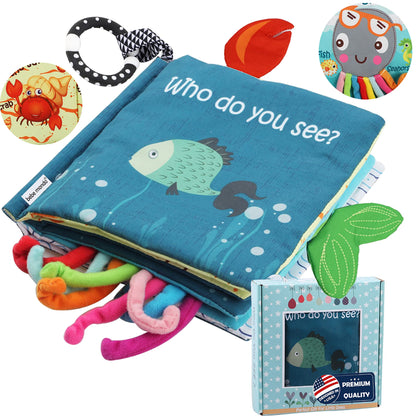 Fish Baby Book 0-6 Months,Touch Feel Cloth Crinkle Books for Babies,Infant Baby Toys 6-12 Months,Learning Education Soft Sensory Mirror Toy,Teether,Shower Gifts for Boys Girls-Gift Box