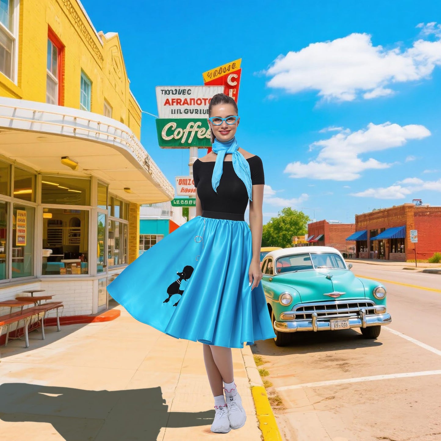 Rabtero Women Sock Hop Costume, Adult 1950s Poodle Dress Costume, 50's Poodle Skirt with Glasses, Scarf and Socks for Women 2-10, S/M, Blue