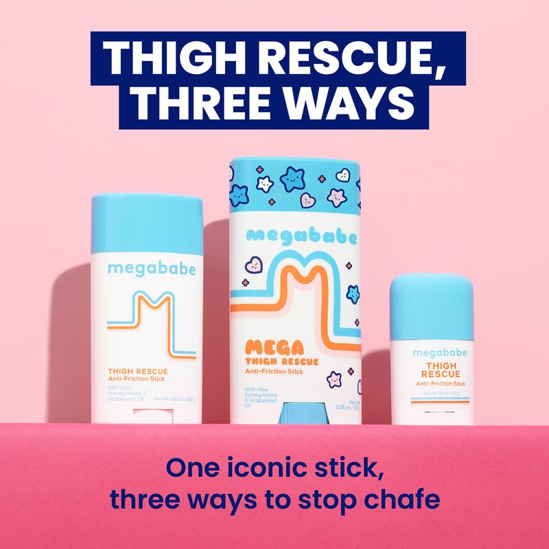 Megababe Mega Thigh Rescue | Jumbo Size Anti-Chafe Stick | Prevents Skin Chafe & Irritation | Thighs, arms, Bra-Lines & More | Summer and Hot Weather Essentials | 3.25oz (Pack of 1)