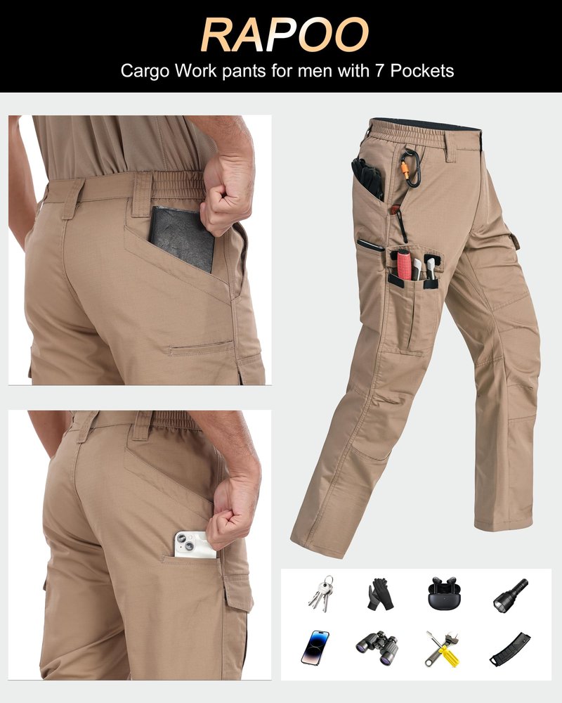 Rapoo Tactical Pants for Men Cargo Hiking Working Army Hunting Pants for Men with Multi Pockets Water Resistant Mens Construction Carpenter Pants Khaki 40Wx32L
