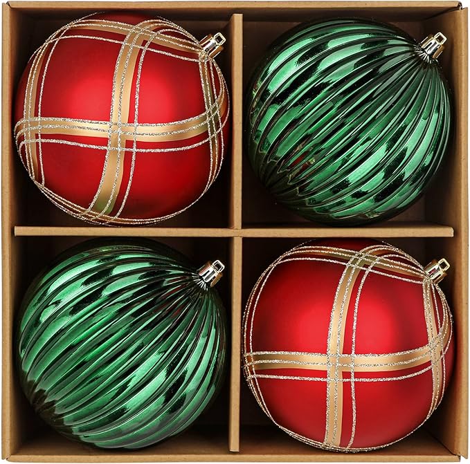 4.7" Large Plastic Christmas Balls Ornaments Set of 4, Glitter Shatterproof Christmas Bulbs Ornaments for Xmas Tree Decorations, Red and Green Ornament for Tree, Mantel, Garland, Winter, Holiday Decor