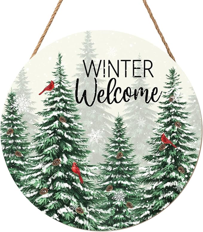 Winter Welcome Sign for Front Door Christmas Cardinal Bird Wood Door Hanger for Outdoor Outside Porch Snowflake Pine Trees Round Hanging Signs Holiday Decor for Home Wall Porch Yard 12"x12"