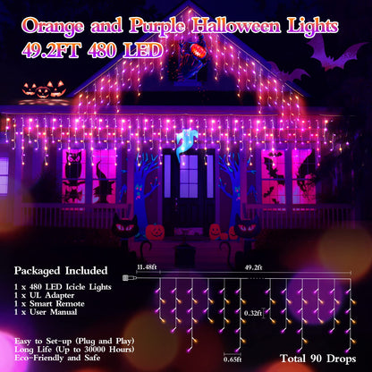 FLVOECN 480 LED 49FT Halloween Lights Plug in 8 Modes with Timer Dimmable Halloween Decorations Outdoor Waterproof String Lights for Roof Porch Garden Holiday Wedding Party Decor Orange Purple