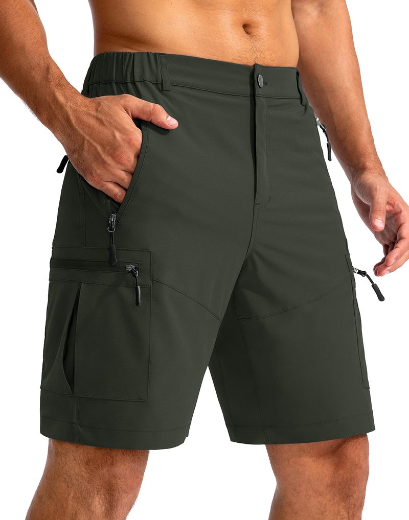 Pudolla Men's Hiking Cargo Shorts 9" Lightweight Outdoor Work Shorts for Men Travel Golf Camping Casual with 5 Zipper Pockets(Army Green Medium)