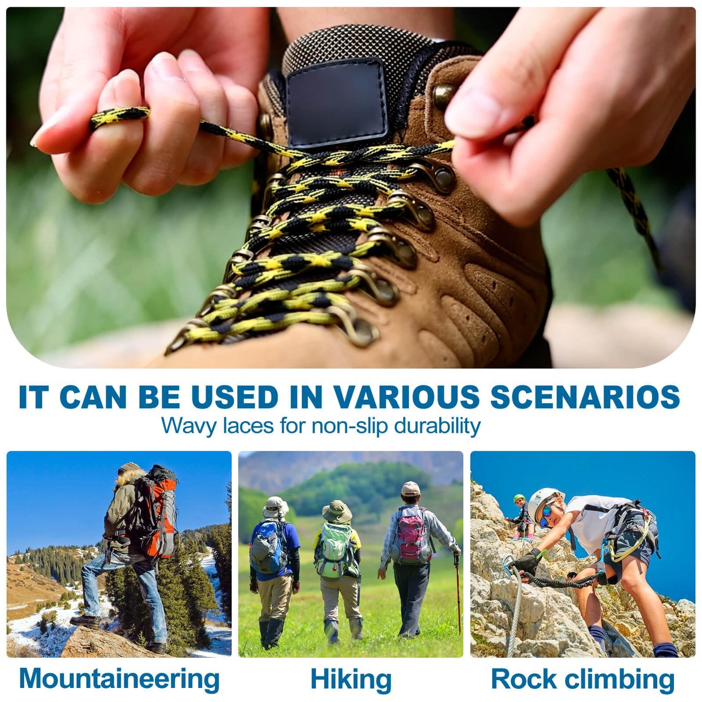 DELELE 2 Pair Round Wave Shape Non Slip Heavy Duty and Durable Outdoor Climbing Shoelaces Black Hiking Shoe Laces Shoestrings-39 inch