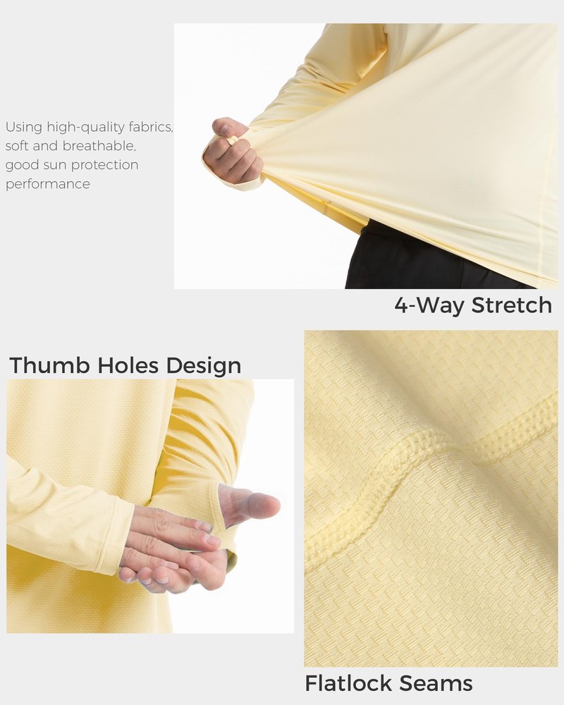 EoBeKee Sun Protection Shirts for Men, UPF 50+ UV SPF Long Sleeve Outdoor Rash Guard for Fishing Hiking Swimming Running Quick Dry Lightweight Yellow