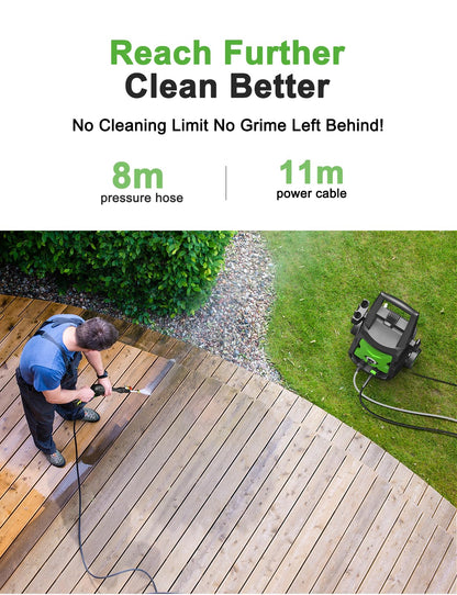 Pressure Washers, Power Jet Washers with 4 Nozzles, 420L/H Flow Rate, 8M High-Pressure Hose, 11M Power Cable, Power Washers for Patio and Car, Garden, Fences, Yard, Driveways