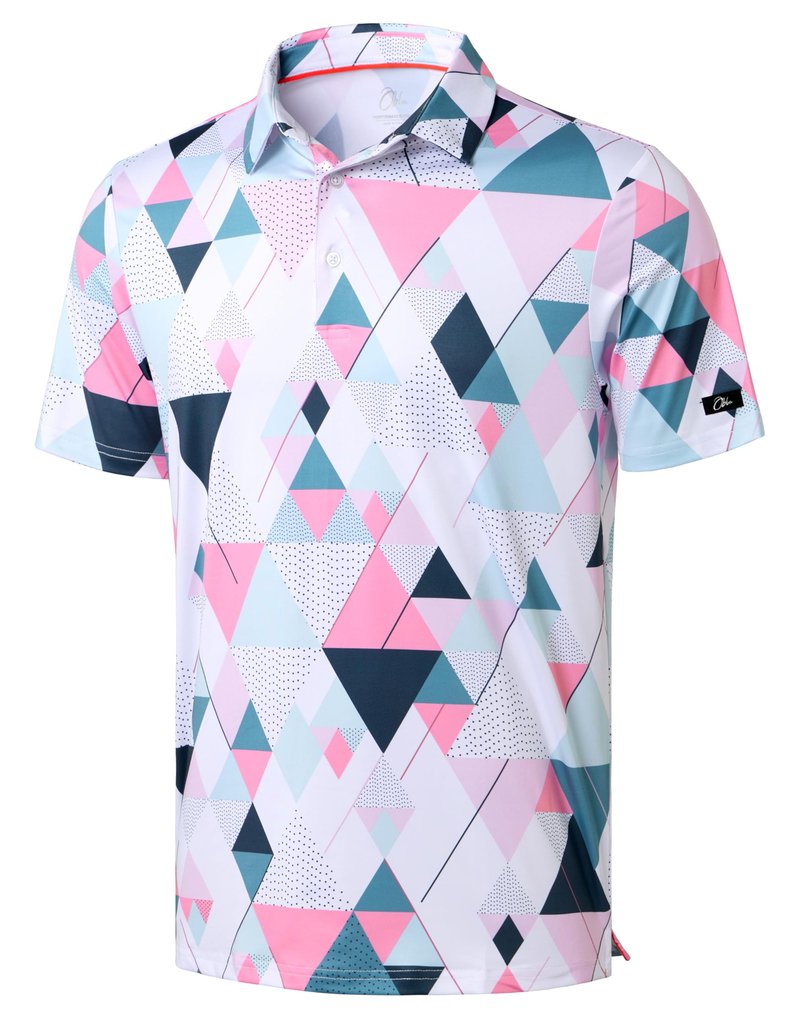 Obla Mens Golf Polo Shirts Short Sleeve Dry Fit Performance Moisture Wicking Casual Print Collared Golf Shirts for Men(White Pink Geometry_S)