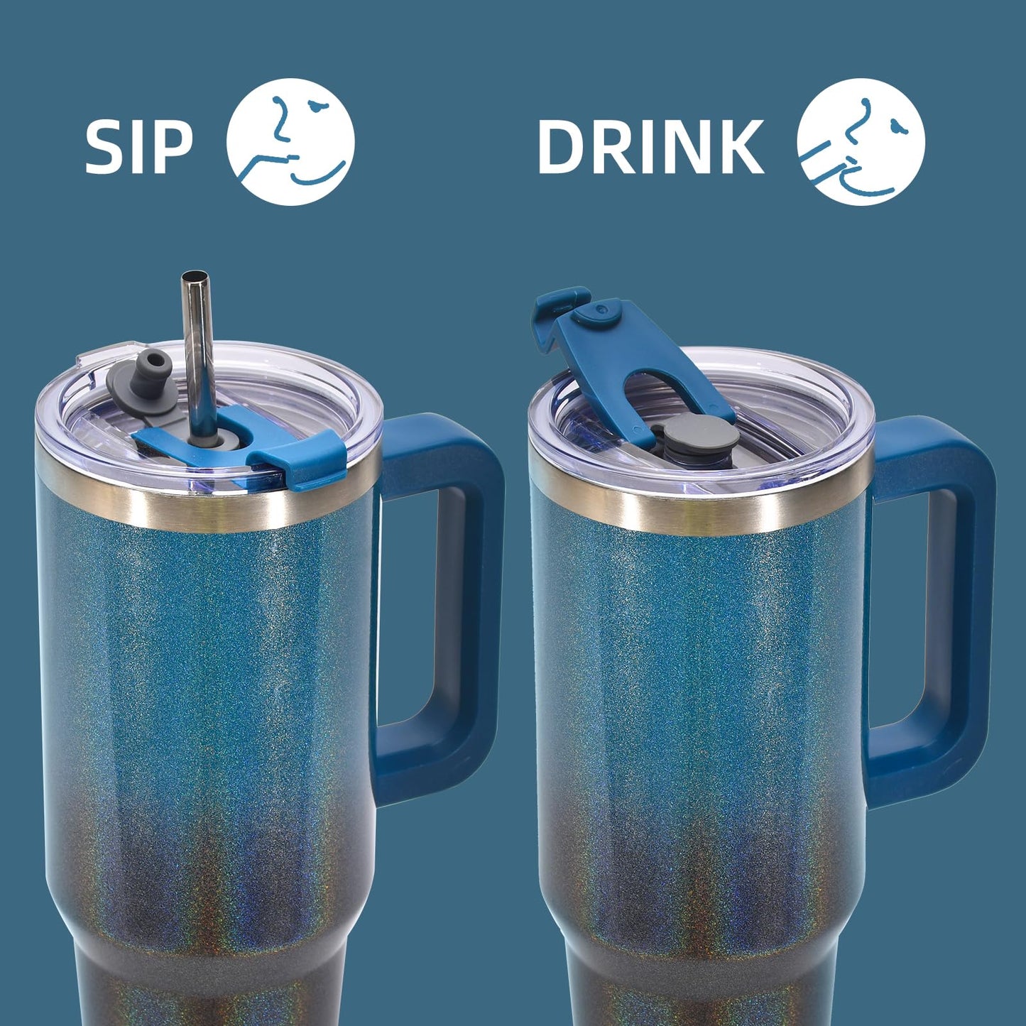 40 oz Shiny Tumbler with Handle and Straw,Stainless Steel Tumbler with Lid and Straw,Insulated Travel Mug(Cold for 34 Hours),Water Bottle for Iced Tea,Coffee (Black Blue)