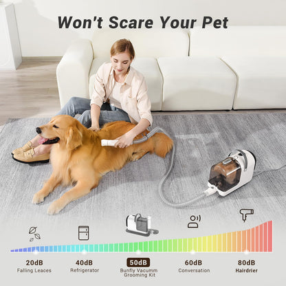 Bunfly Dog Grooming Kit,13000Pa Strong Grooming & Vacuum Suction 99.99% Pet Hair, 16 Pet Grooming Tools for Dogs Cats, 3L Large Capacity Dust Cup, Quiet Pet Vacuum Groomer (Silver & White)