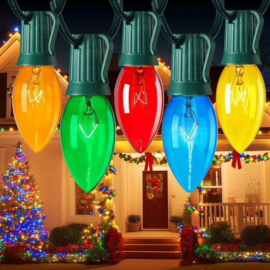 Minetom C9 Bulb String Lights Outdoor 50 Feet Multicolored Christmas Lights Green Wire for Outdoor Patio Room Christmas Tree Party Backyard Decoration, E17 Base, 50 +2 Bulbs