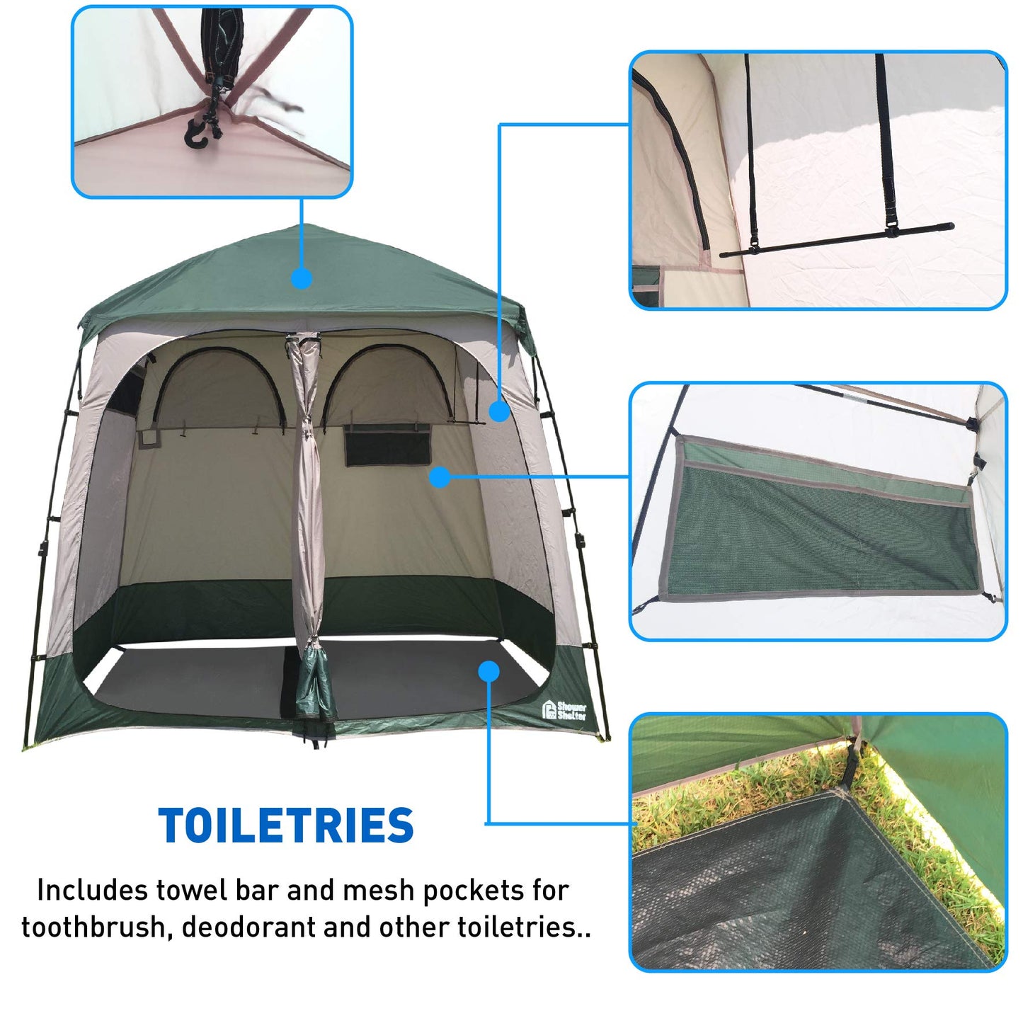 EasyGo Product Shower Shelter – Giant Portable Outdoor Pop UP Camping Shower Tent Enclosure – Changing Room – 2 Rooms – Instant Tent – 7.5' Tall x 4' Deep x 7.5' Wide, Green