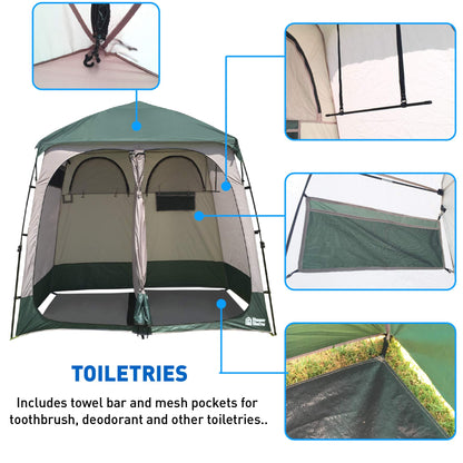 EasyGo Product Shower Shelter – Giant Portable Outdoor Pop UP Camping Shower Tent Enclosure – Changing Room – 2 Rooms – Instant Tent – 7.5' Tall x 4' Deep x 7.5' Wide, Green