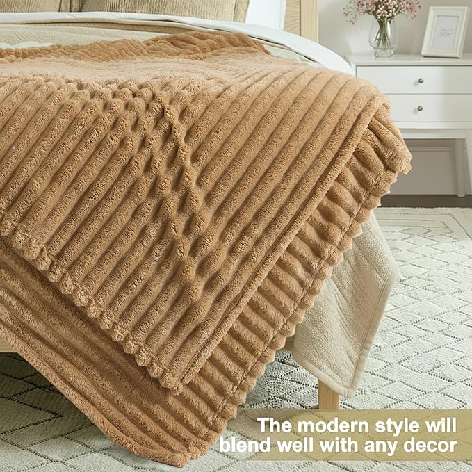 decorUhome Soft Fleece Brown Twin Blanket for Bed, Cozy Fluffy Plush Flannel Striped Throws for Couch Sofa, Lightweight Decorative Ribbed Fuzzy Blanket for Woman, 60x80 Inches