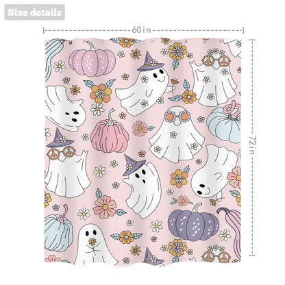 LIGHTINHOME Pink Halloween Shower Curtain 60Wx72H Inches 70s Retro Funny Ghost Y2K Cute Autumn Pumpkin Purple Flower Hippie Groovy Cloth Fabric Waterproof Polyester Bathroom Home Decor Set with Hooks