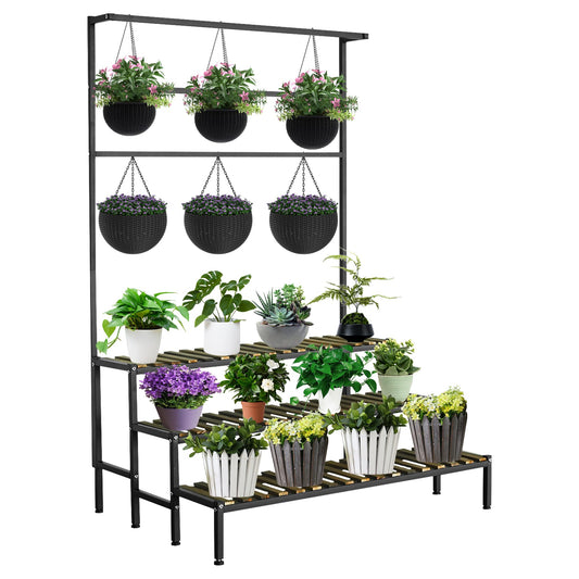 Large Plant Stand Indoor Outdoor, 3 Tier Heavy Duty Hanging Plant Stand with Bar, 60 Inch Tall Metal & Wood Ladder Shape Plant Shelf, Black Plant Display Rack Plant Shelves for Garden Patio Balcony