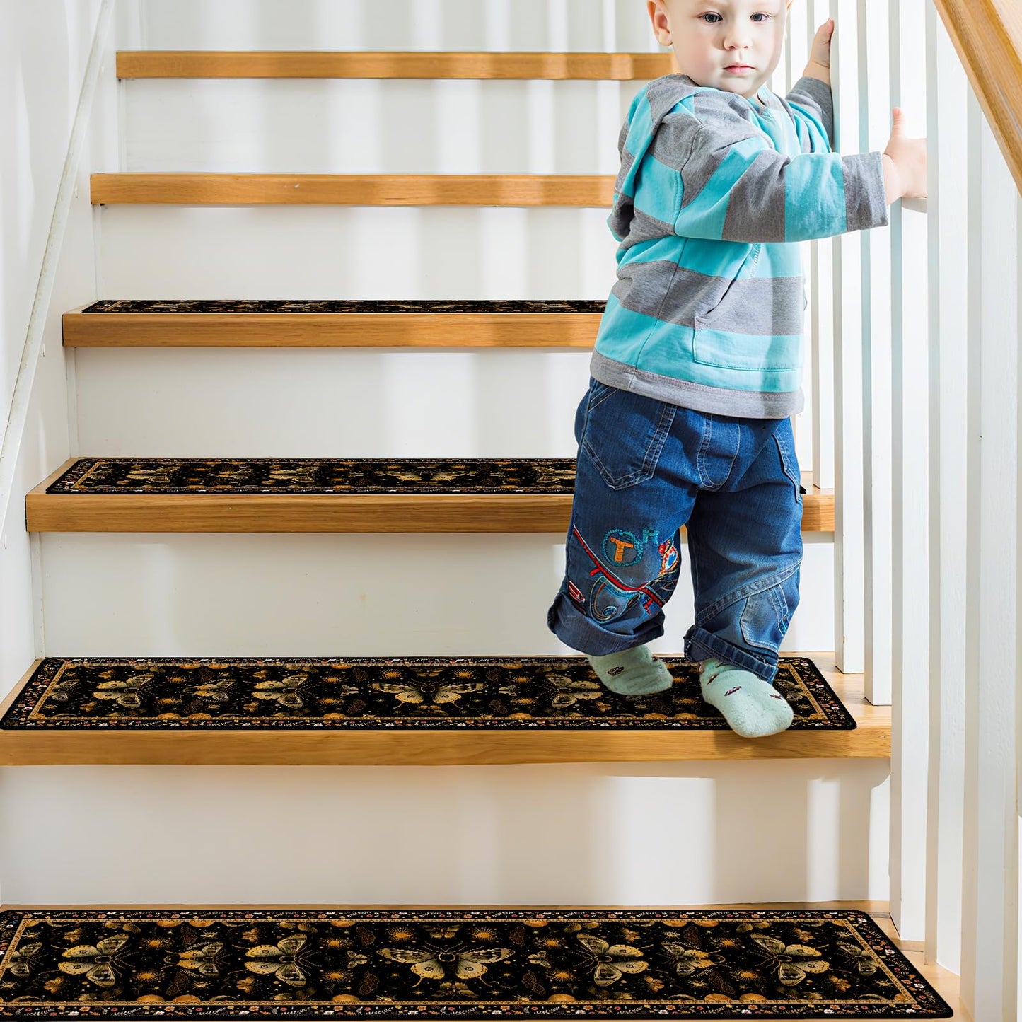 InIsaJace Stair Treads for Wooden Steps, 15 Pack Moth Stair Runners Covers Non Slip Indoor 8" X 30", Washable Carpet Rugs with Silicone Backing for Kids Elders and Dogs