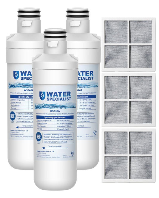 Waterspecialist LT1000PC ADQ747935 Replacement for LG® LT1000P®, ADQ747935, LFCC22426S, LRFXS2503S, LMWS27626S, LRDCS2603S, 6 Month 200 Gallon Refrigerator Water Filter and LT120F® Air Filter, 3 Combo