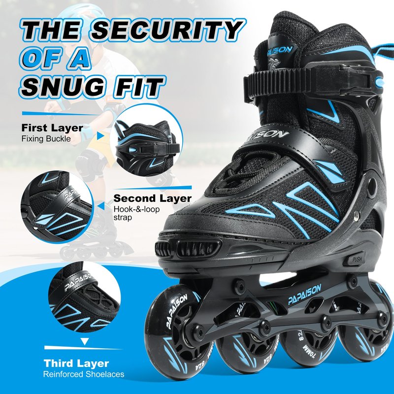 PAPAISON Boys Inline Skates Ages 5-8 8-12, Adjustable Size Beginner Roller Skates Blades for Kids Youth (Blue, Medium - Big Kid (1-4 US))