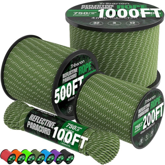 Reflective Paracord Rope - 750 lb Heavy Duty 50ft 12-Strand Parachute Cord | Army Green for Camping & Survival Gear