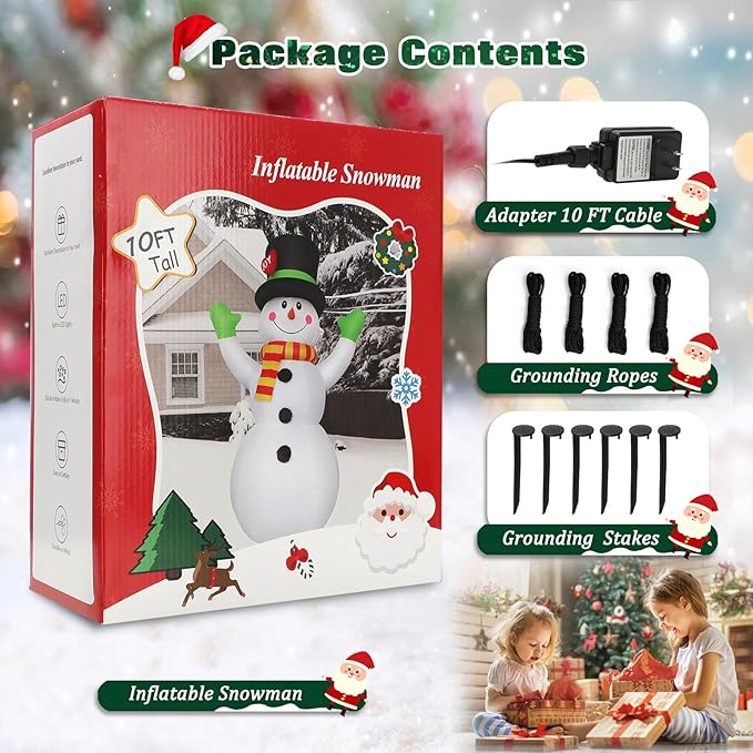 10 FT Christmas Inflatables Snowman Wear Magic Hat, Blow Up Outdoor Decorations Built-in Bright LED Light, Giant Snow Man Yard Decor for Festive Holiday Garden Patio Lawn Mall Display Hall Xmas Party