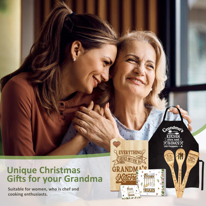 Gifts for Grandma, Grandma Kitchen Gifts from Grandkids, Birthday Gift Wooden Cutting Board with Cooking Utensils Set with Apron Set, Great Christmas Mothers Day Gift