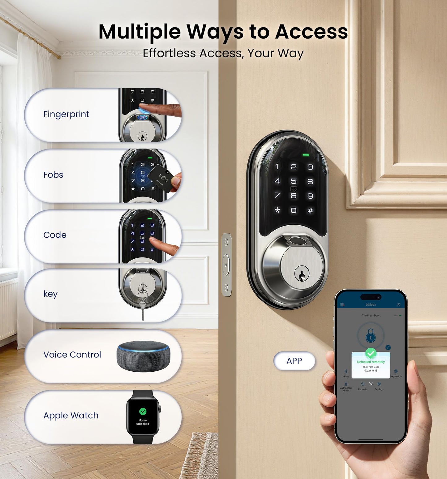 Veise RZ07 Fingerprint Smart Lock, 7-in-1 Smart Locks for Front Door, Keyless Entry Door Lock with App Control & Auto-Lock, Biometric Electronic Touchscreen Keypad Deadbolt, Satin Nickel