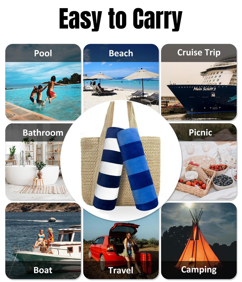 cabanana Large Beach Towel Oversized - 35 x 70 Inch Cotton Pool Towel, Soft Thin Velour Swim Towel for Adults (Stripes Blue)