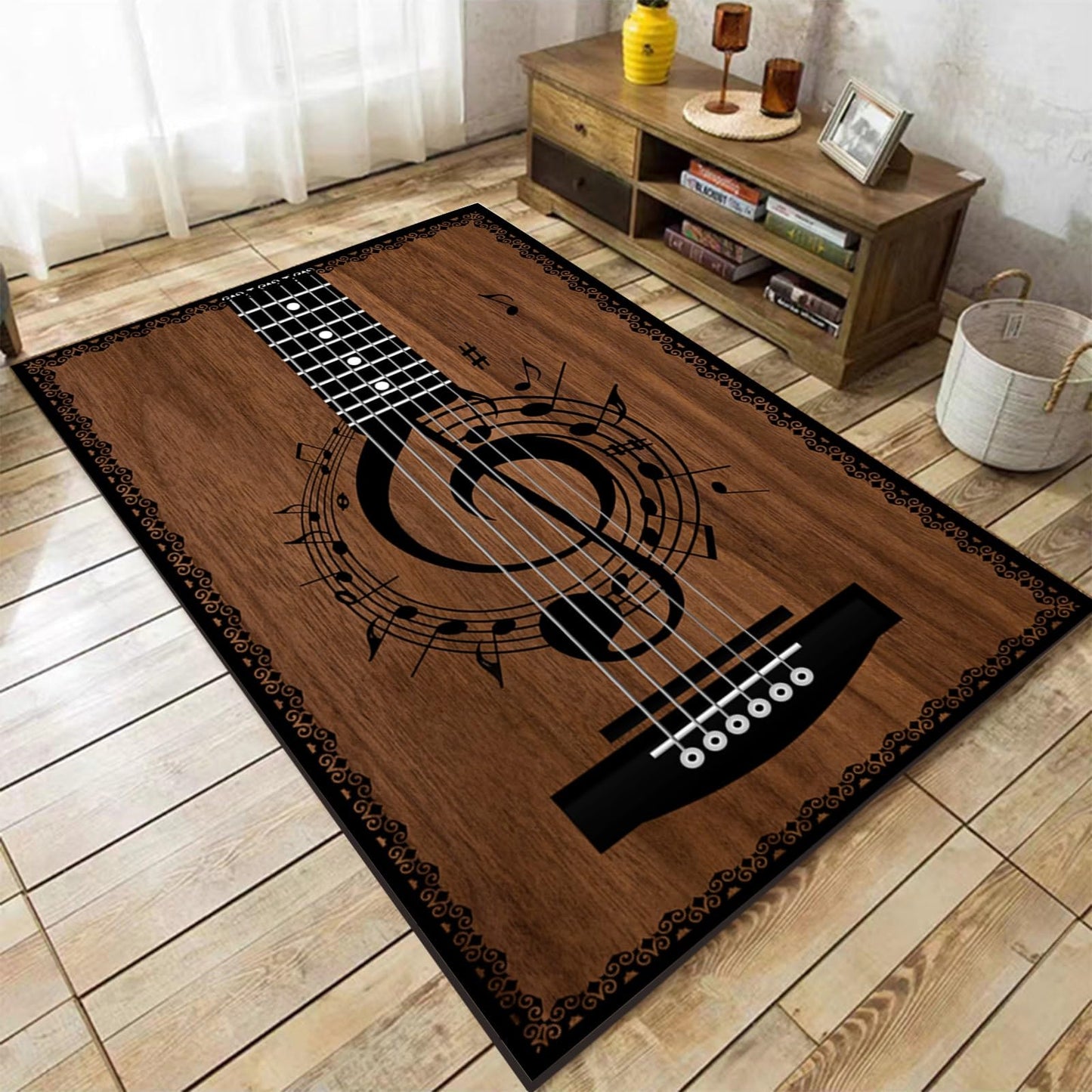 Acoustic Guitar Kids Rugs, 5x8ft, Vintage Instrument Music Guitar Carpet, Anti-Skid Durable Reduce Noise Kids Rugs, Printed Fade Resistant Rubber Backed Thin Mat for Nursery Entrance