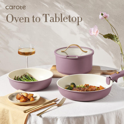 CAROTE 5pcs Pots and Pans Set, Nonstick Cookware Set Detachable Handle, Induction Kitchen Cookware Sets Non Stick with Removable Handle, RV Cookware Set, Gold and Purple