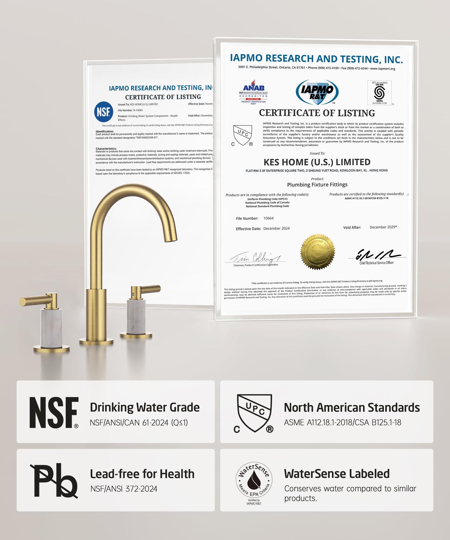 KES Natural Italian Carrara Marble Brushed Gold Bathroom Faucet 3 Hole with All Metal Pop Up Sink Drain, 8 Inch Widespread Bathroom Sink Faucet for Vanity, 360° Swivel Spout, 18/8 Stainless Steel