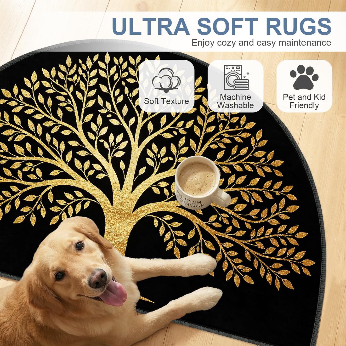 LEIWEIHOPE Golden Tree of Life Half Round Door Mat 24"x35.5" Low-Pile Ares Rug Non-Slip Absorbent Entrance Mat for Indoor Outdoor Front Door Semicircle Floor Mat for Kitchen Bathroom