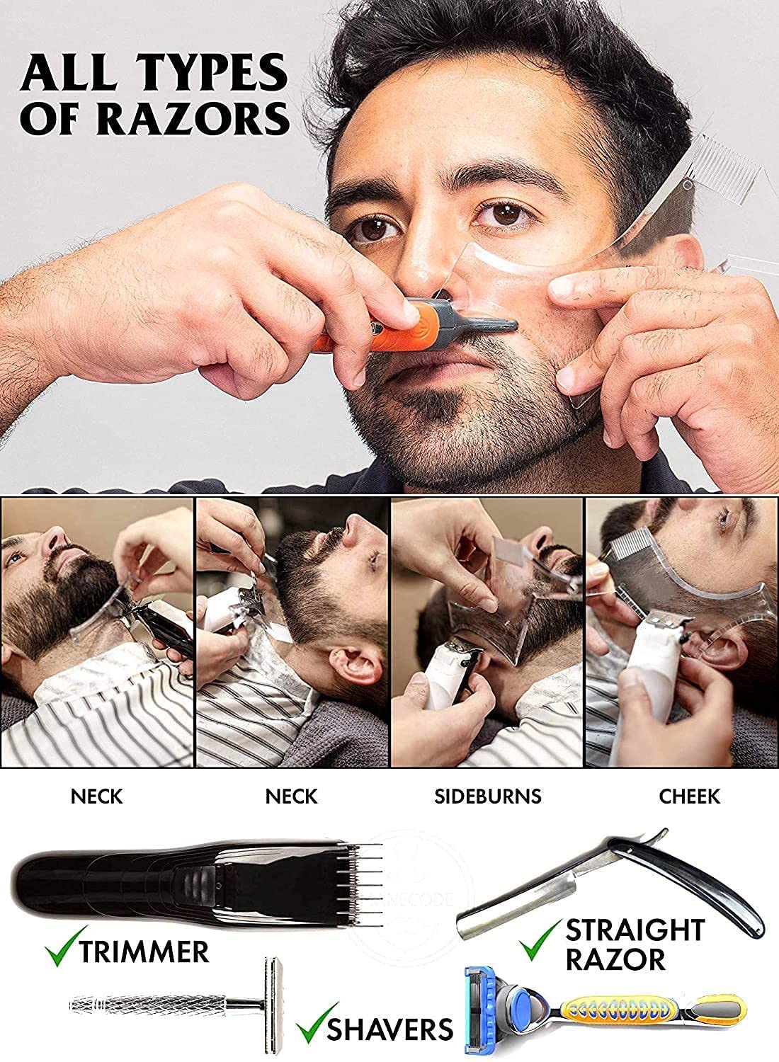 Beard Shaping & Styling Tool With Comb for Perfect line up & Edging For Men's Jaw Cheek/Neck Line, Symmetric/Curve/Step Cut Works with Any Beard Razor Electric Trimmers or Clippers (Clear-1pcs)