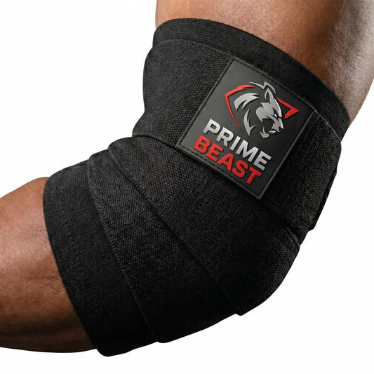 Prime Beast Hybrid Elbow Wraps for Weightlifting, Compression Sleeve and Adjustable Wrap Support for Bench Press, Powerlifting, and Gym Training (1 Pair) (Black, Medium)
