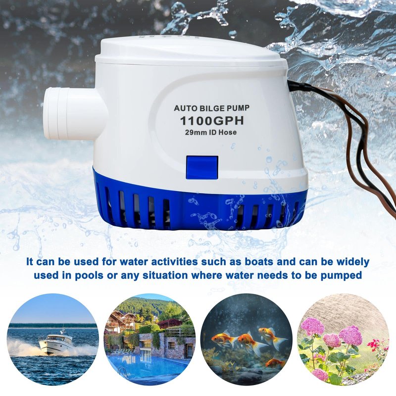 Sanuke 1100GPH Automatic Bilge Pump 12V, Submersible Auto Water Pump with Built-in Float Switch, 29mm (1-1/8") Outlet, Marine Bilge Pump for Boats, Ponds, Pools, Caravan RV