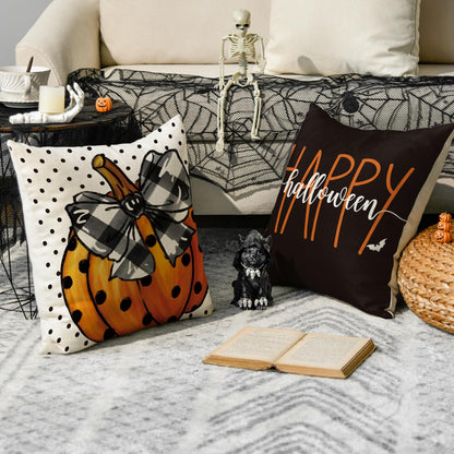 AVOIN colorlife Happy Halloween Cute Ghost Trick or Treat Throw Pillow Covers, 18 x 18 Inch Polka Dot Pumpkin Bat Cushion Case for Sofa Couch Set of 4, Black