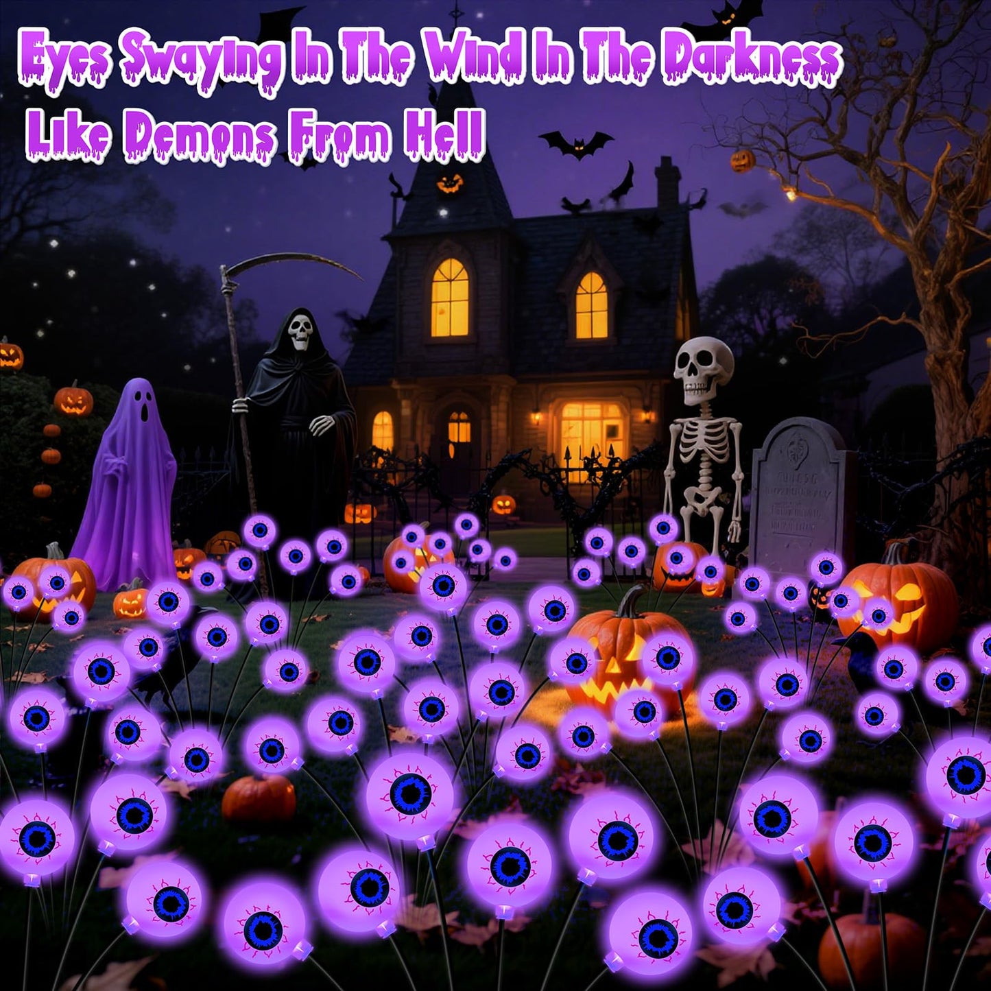 Halloween Decorations Outdoor, 4 Pack 24 LED Solar Purple Scary Eyeball Swaying Lights, Purple Solar Firefly Light Waterproof Outdoor Garden Lights for Halloween Yard Garden Lawn Party Flower Bed