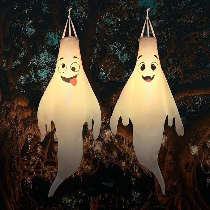 Halloween-Decorations-Outdoor Hanging-Ghost Windsocks for Trees with Timer, LED Ghosts to Hang in Tree Porch Yard, Waterproof, Timer, 4 Pcs (No Batteries)