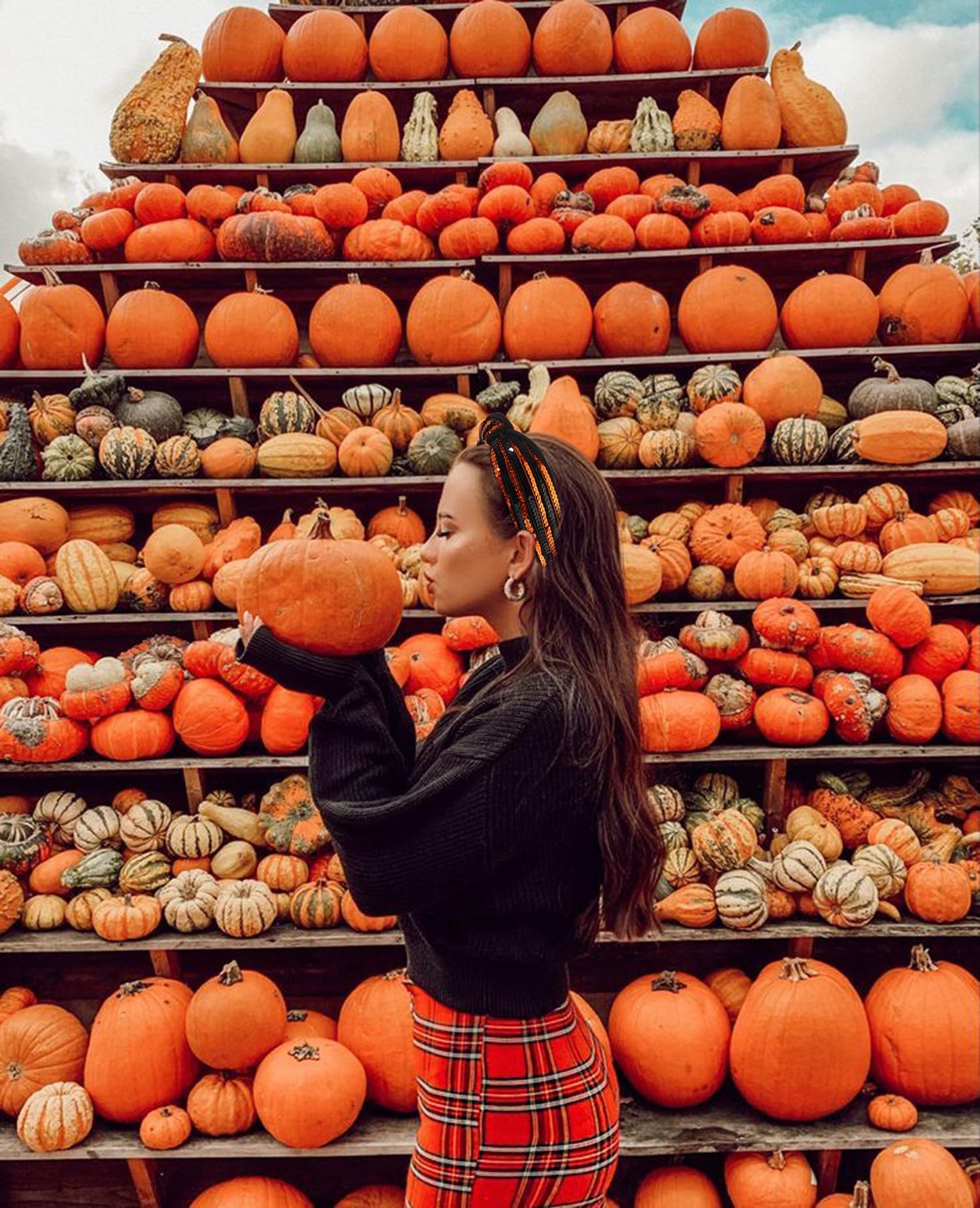 GLBCC Halloween Sequin Headband for Women - Orange Black Sequin Wide Top Knot Headband for Festive Hair Accessories & Cosplay Costume Party Favors