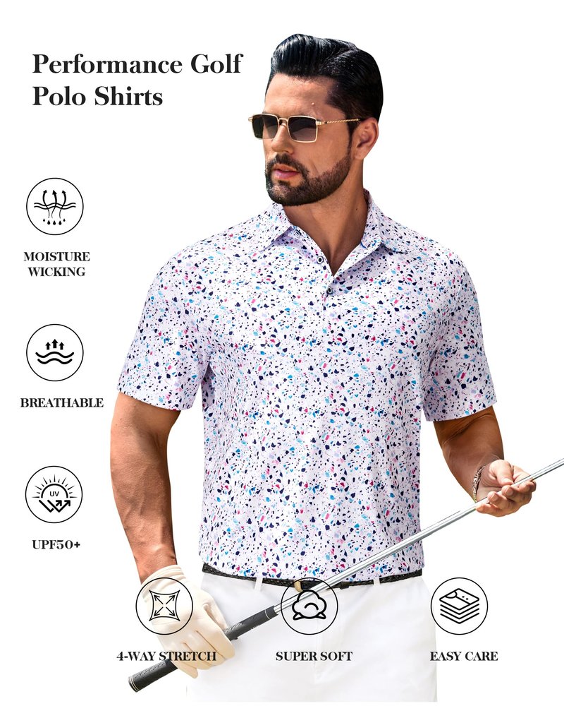 DEMEANOR Mens Golf Shirt Short Sleeve Dry Fit Performance Moisture Wicking Casual Polos Collared Polo Shirts White Dots 2XL