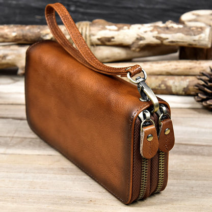 LUUFAN Men's Genuine Leather Clutch Bag Double Zipper Purse 4 Interlayer Zip-Around Wallet (Brown 4)