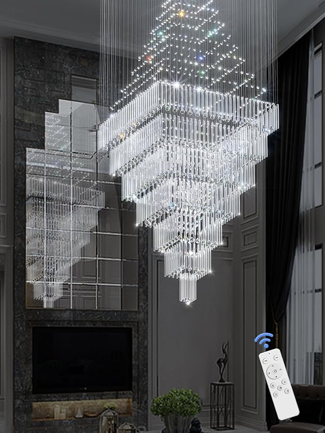 Flashing God D59''X H120'' Extra Large Chandeliers for High Ceilings Crystal Raindrop Chandeliers Large Villa Chandelier Entrance Foyer Crystal High Ceiling Light LED Dimmable 2700K-6000K Quadrate