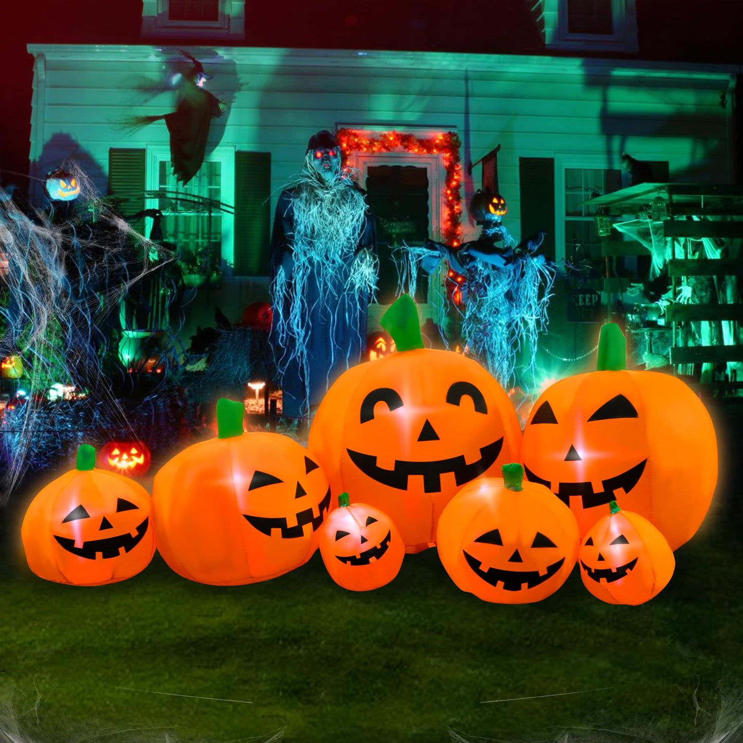 SEASONBLOW 7 Ft Halloween Inflatable Pumpkin Patch Family Decoration Jack-o-Lantern Decor for Lawn Yard Home Party Indoors Outdoors